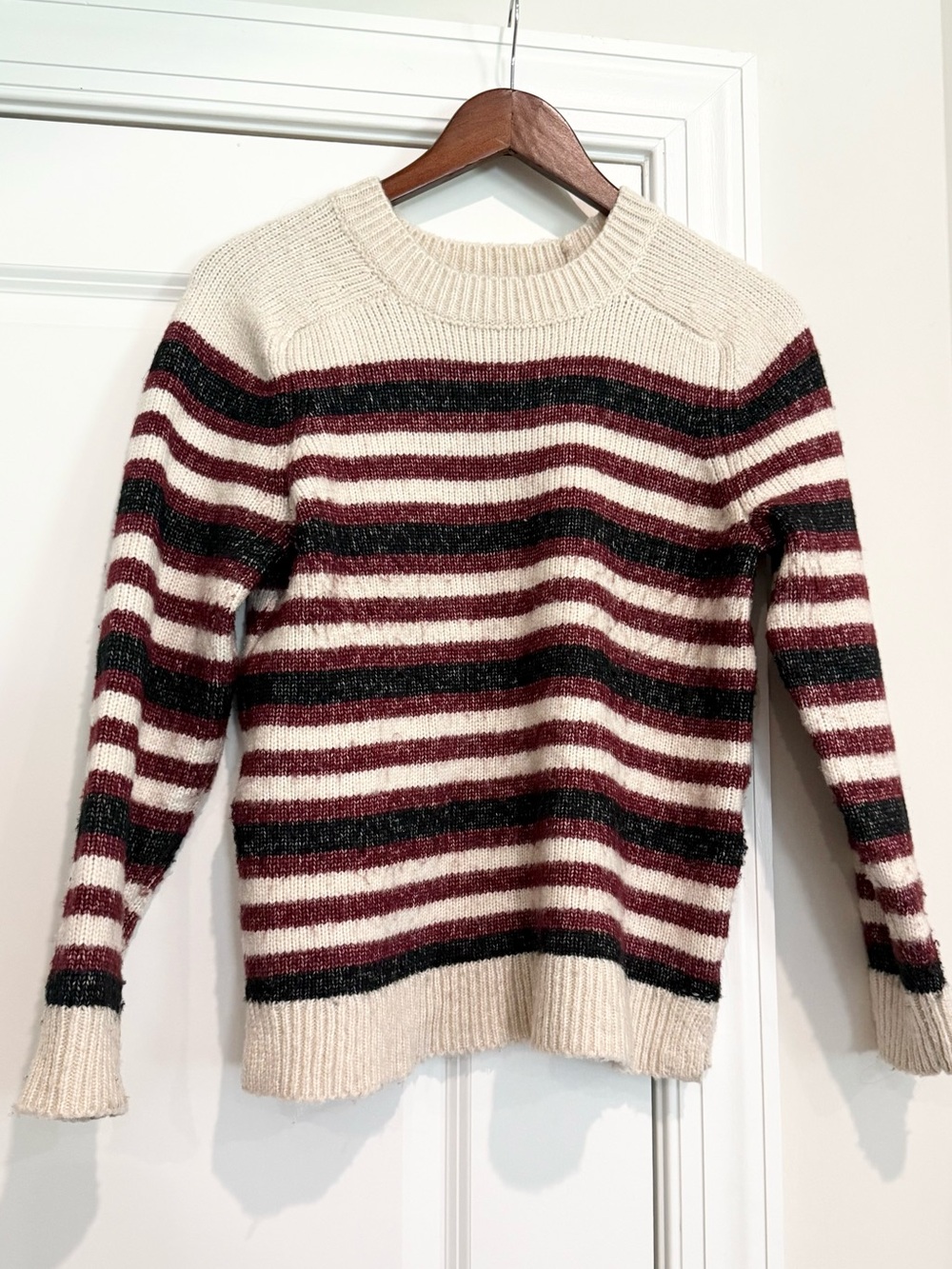 Banana Republic Cream, Burgundy & Navy Striped Crewneck Sweater